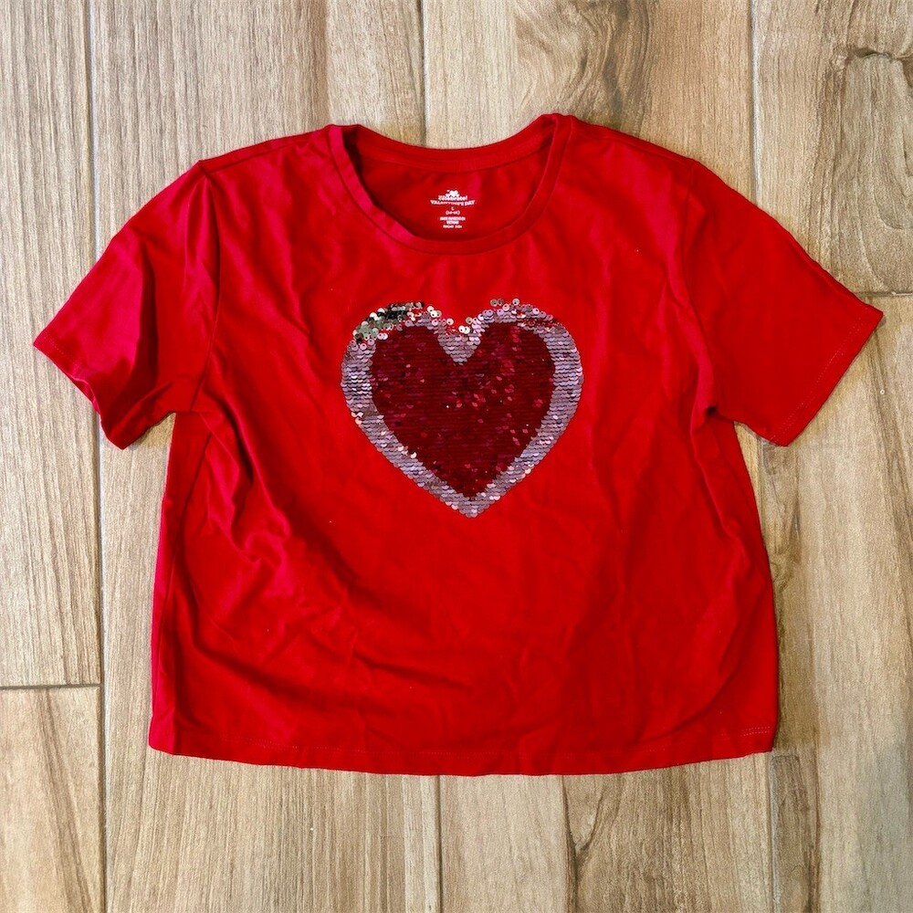 Way To Celebrate T-Shirt Girls L 10-12 Red Sequin Heart Short Sleeve